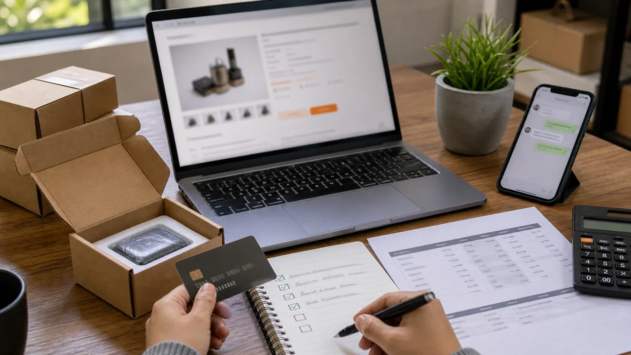 Laptop com pedido de amostra borrado, caixa pequena, checklist e calculadora