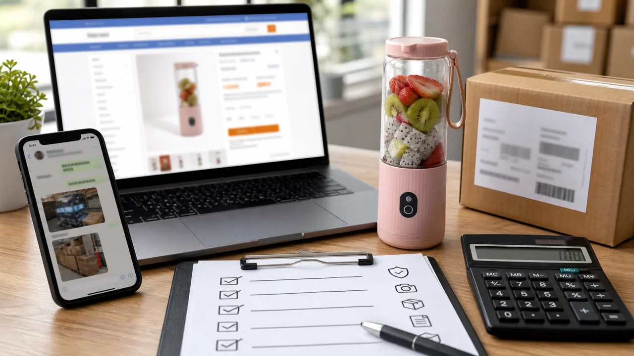 Notebook com marketplace B2B borrado, produto pequeno e checklist de pagamento