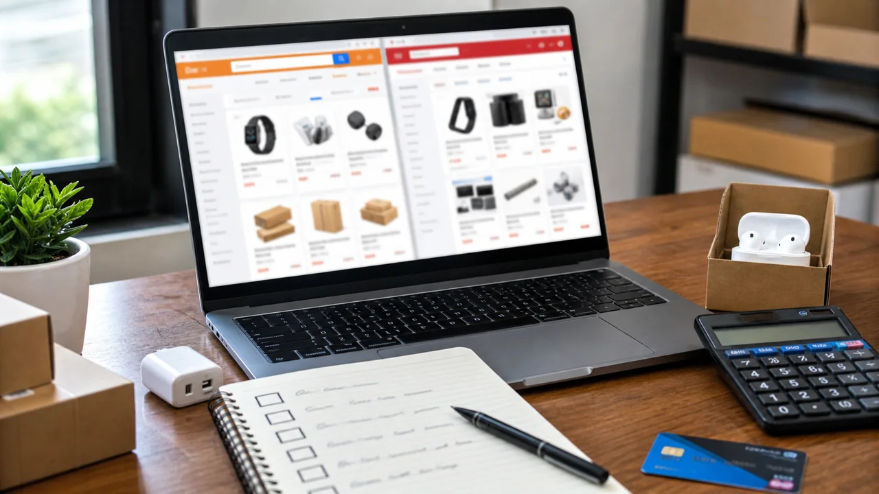 Notebook com duas telas de marketplace B2B, checklist e calculadora de compra online