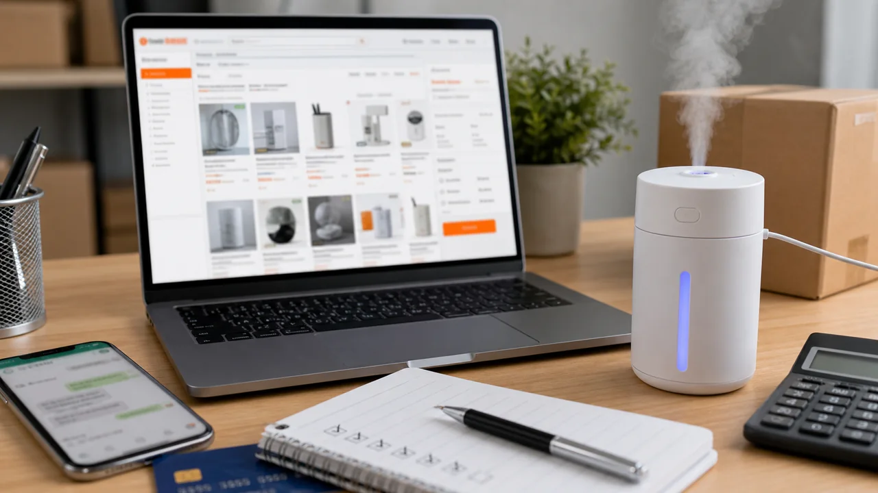 Laptop com página de fornecedor borrada, humidificador USB, checklist e celular