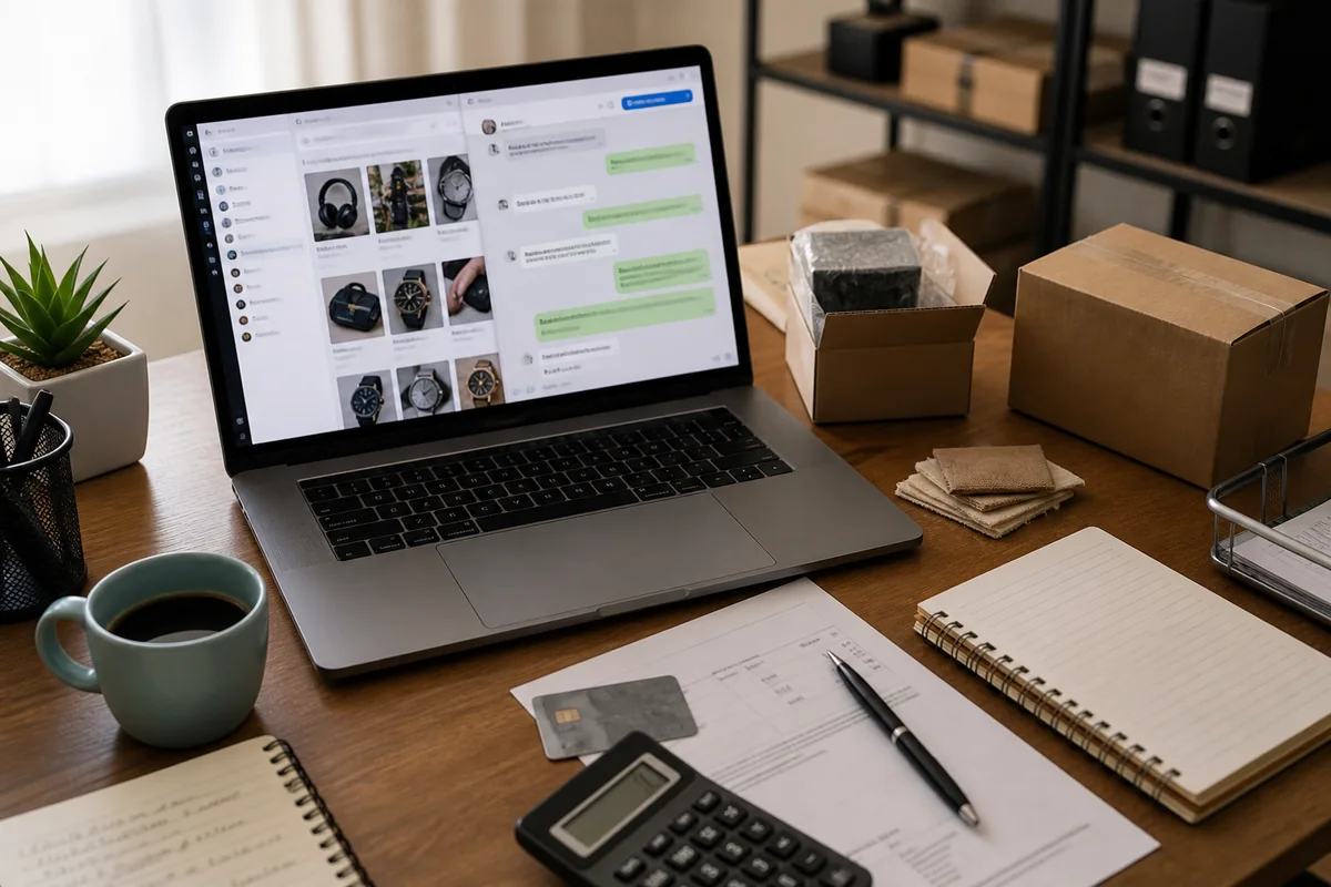 Imagem de apoio de Compras China Online com mesa de planejamento, documentos e referências de comércio com a China
